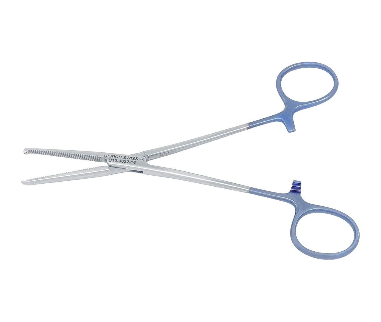 Kleště Kocher hemostatické, rovné, 1 prstenec modrý, 14 cm